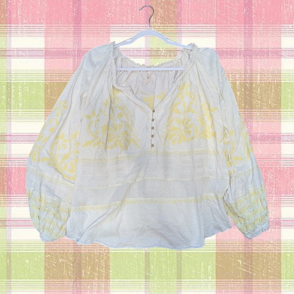 Free People Boho Yellow Floral Embroidery Babydoll Blouse